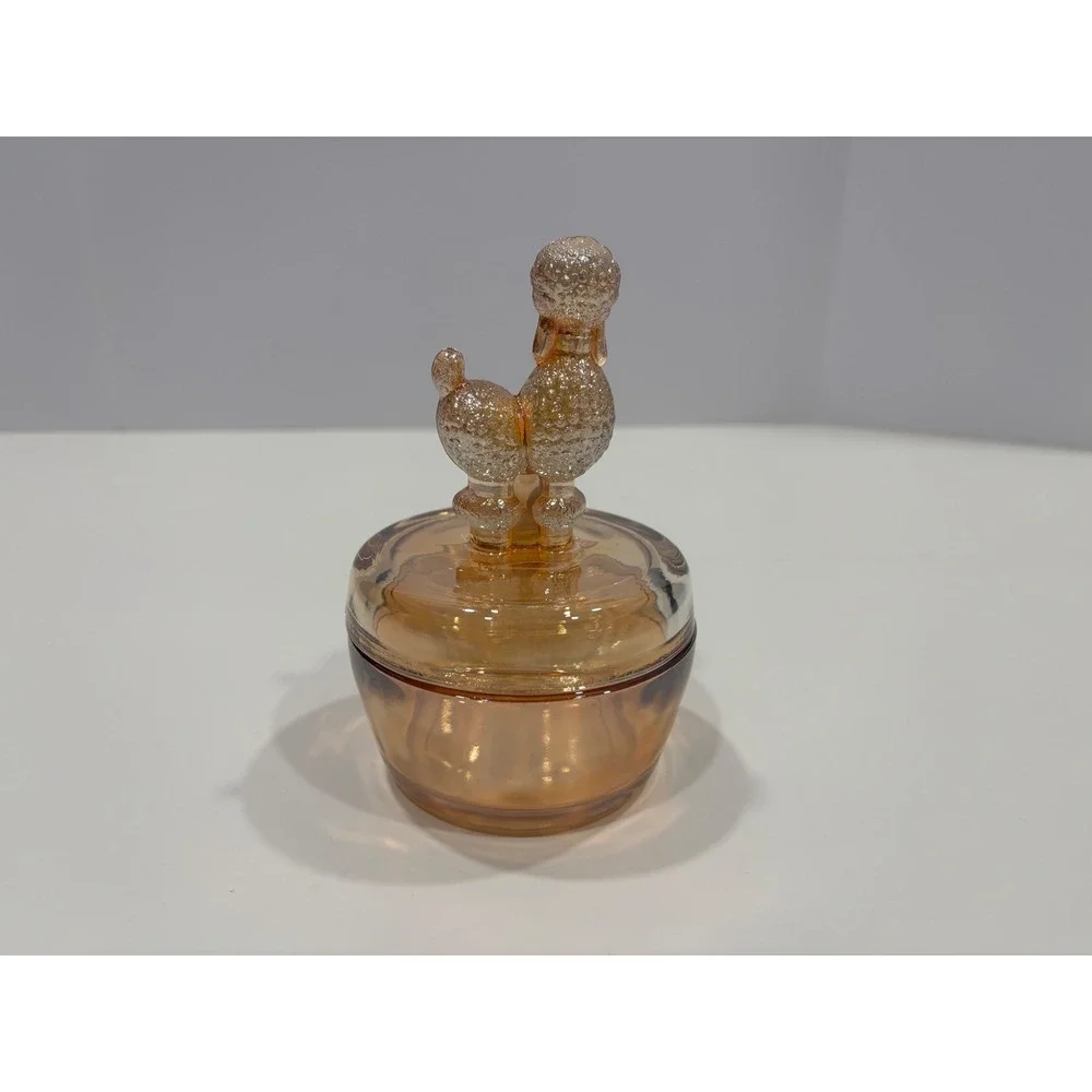 Vintage Marigold Carnival Glass Poodle Powder Jar Trinket Dish Amber Iridescent